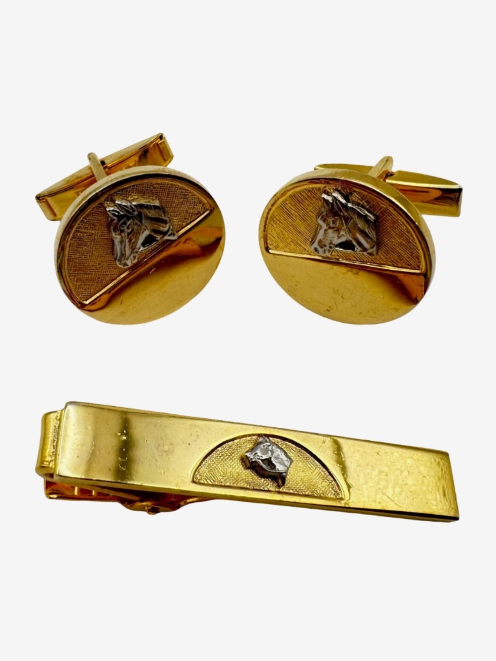 Vintage Horse Head Cufflinks Tie Clip Set Gold Silver Tone Equestrian Triangle
